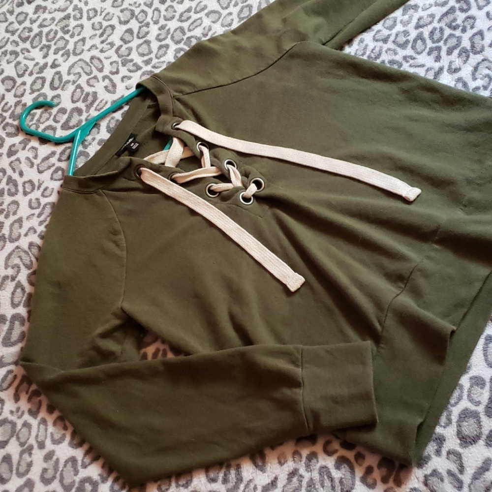 Army green sweater tie up front